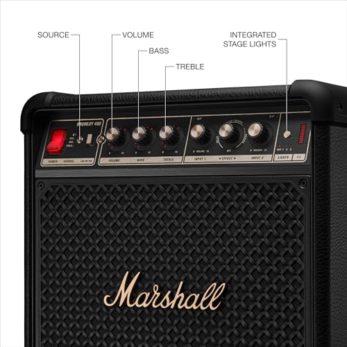 Image of Marshall Bromley 450 Portable Party Speaker - Loud 360 Sound with Bass EQ Controls | 40+ Hours Playtime | Bluetooth, 3.5 mm AUX, RCA, Microphone, Instrument Inputs | LED Lights - Black and Brass