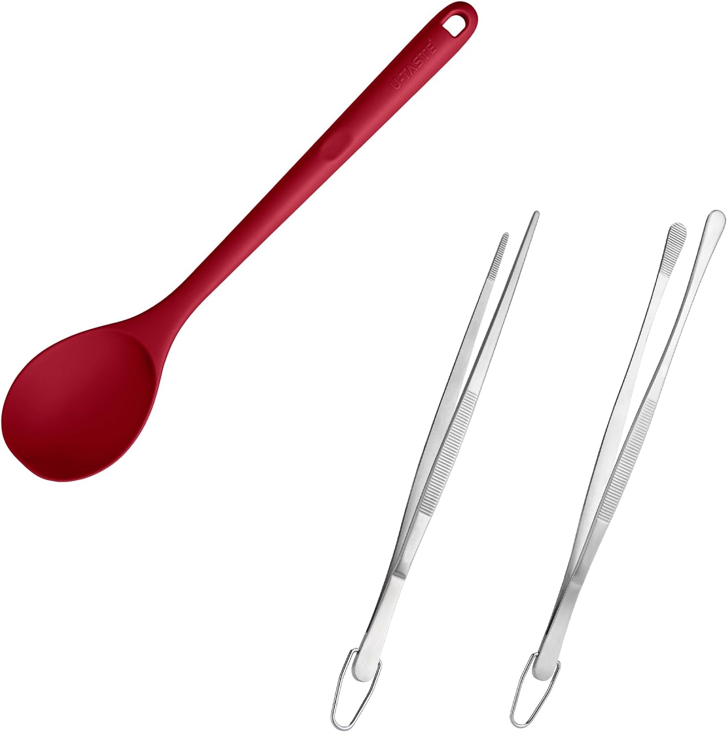 600ºF Heat Resistant Silicone Spoon: U-Taste 13.3in Solid Kitchen Cooking Spoon (Red) and 12" Kitchen Cooking Tweezer Set: 18/8 Stainless Steel Food-Grade Metal Food Tong (Round & Pointed Tip)