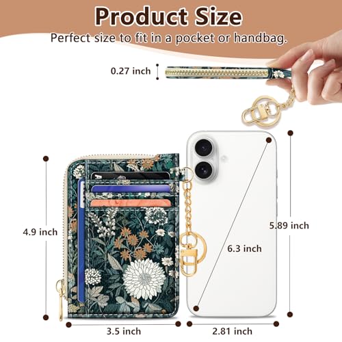 Image of GIANCOMICS Slim Wallet Credit Card Holder Women, Vintage Weeds Floral Rfid Small Card Case, Keychain Thin Pocket Curved Zipper Wallet, Travel Card Holder PU Leather ID Window, Ladies Female Gifts