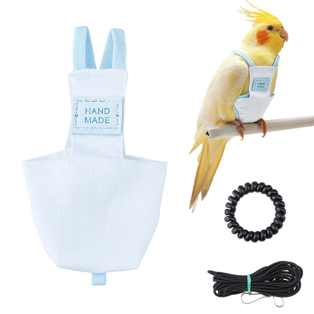 SUPERFINDINGS Snap Closure Parrot Diaper Harness Washable Bird Flight Suit 4.13x2.24x0.35Inch with Adjustable Leash Reusable Leak-Proof Bird Diaper for Small Parrots Cockatiel Travel Training,