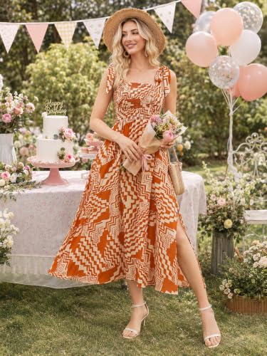 Image of BROVAVE Women Summer Floral Dress: Casual Square Neck Flowy Boho Beach Midi Sundress Sleeveless Tie Shoulder Vacation Daily