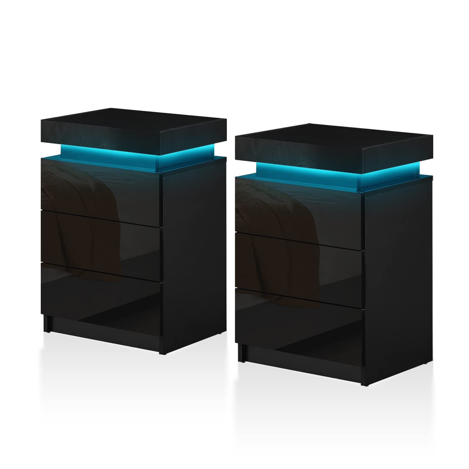 TUKAILAi Bedside Table Set of 2, LED Bedside Table with 3 Drawers and Top Storage, Black High Gloss Front Nightstand Cabinet for Bedroom Living Room