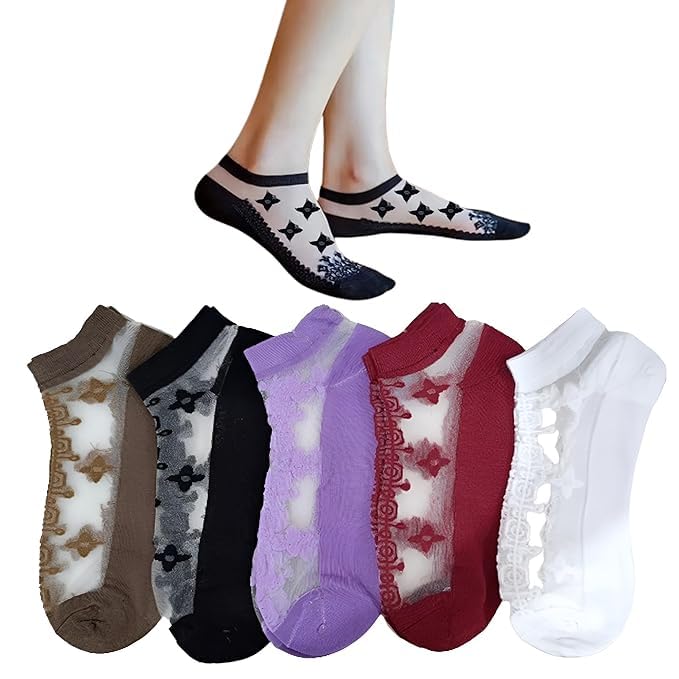 5 Pairs Ankle Length Socks Transparent Ultra Thin Lace Invisible Socks Assorted color-picture-48