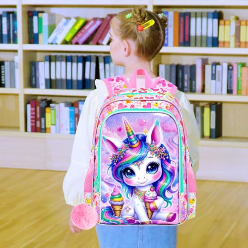 Image of AGSDON 3PCS Unicorn Backpack for Girls, 16 inch Kids Backpacks for Girl Water Resistant Preschool, Elementary Bookbag with Lunch Box
