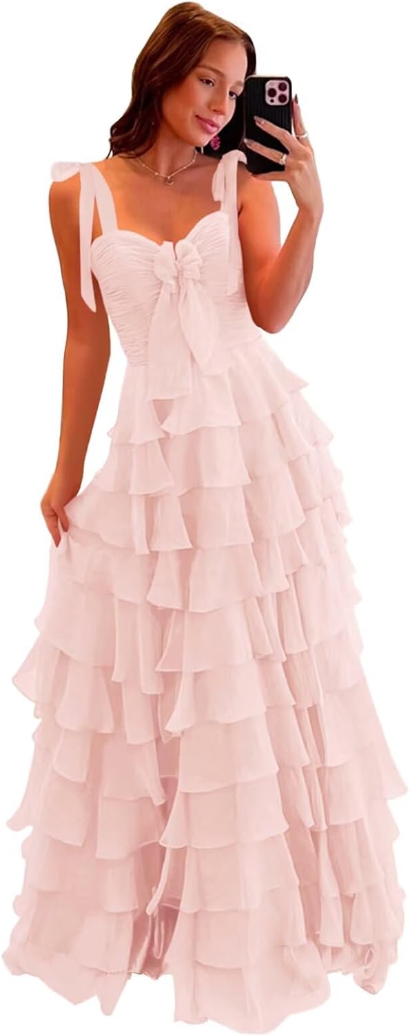 Tiered Prom Dresses with Bow Spaghetti Straps Long Layered Slit Chiffon Ball Gowns for Women 2026