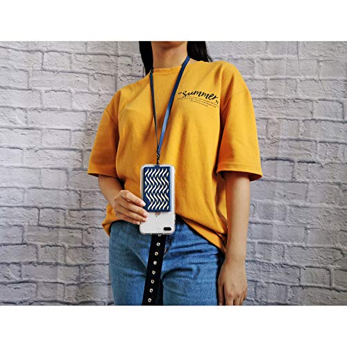 Image of Tainada Stick On Adhesive Wooden Laser Engraved Design Flip Phone ID Credit Card Holder Wallet with Phone Stand Function & Detachable Neck Lanyard + One Cord Wrapper (Wave Pattern Navy Blue)