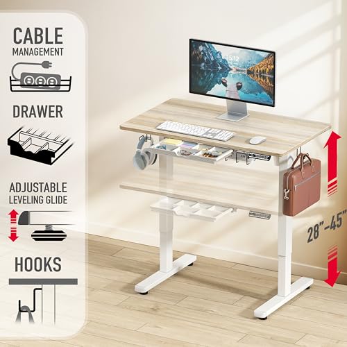 Image of SHW 40-Inch Electric Height Adjustable Standing Desk with Drawer, Memory Preset and Cable Management Tray, Maple