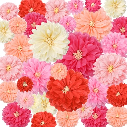 Image of Geyee 18 Pcs Mexican Paper Flowers Colorful Fiesta Tissue Paper Flowers Pom Poms Mexican Carnival for Floral Party Backdrop Wedding Birthday Party Craft(Pink Series,10 inch 12 inch 14 inch)