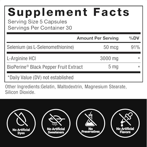 Image of Force Factor L-Arginine 3000mg, Nitric Oxide Supplement, 150 Capsules | Support Stronger Blood Flow, Circulation, Nutrient Delivery & Pumps, L-Arginine with BioPerine for Superior Absorption