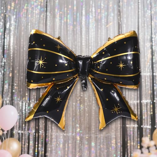 Image of 2pcs Large Bow Balloons, Bow Themed Party Decorations Elegant Coquette Balloons for Coquette Birthday Wedding Engagement Party Decoration (black with star dot)