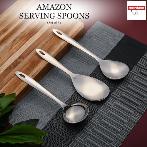 Image of Montavo by FnS 3 Pieces Stainless Steel Serving Tools Set | 1 Rice Spoon, 1 Soup Ladle (Karchi) & 1 Veg Serving Spoon | Premium Serving Utensils for Home, Kitchen, Dining, Restaurant & Hotel