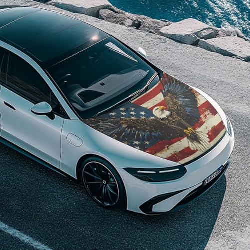Image of Eagle American Flag Car Hood Cover Weatherproof Automotive Exterior Accessories Universal Fit Hood Covers for Cars, Trucks, SUV, or Van Full Coverage 4th of July Decor
