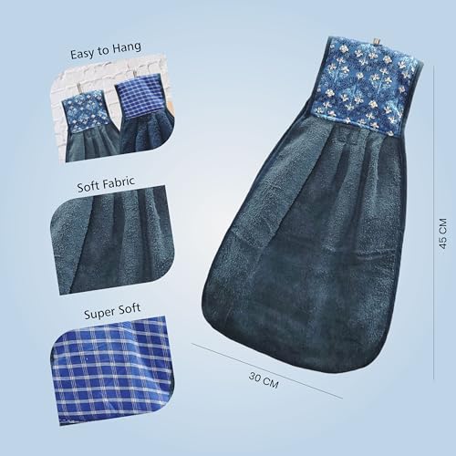 Image of Hanging Hand Towel Set | Wash Basin Napkin with Loop | Kitchen Sink Towel | Pack of 3 (Navy, Brown, Blue) | Soft & Absorbent Cotton Kitchen & Bathroom Hand Towels
