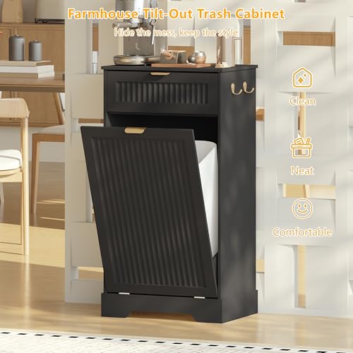 Image of Single 13 Gallon Tilt Out Trash Can Cabinet,Garbage Cabinet with Drawer | Hidden Garbage Storage with Fluted Design, Drawer & Hooks for Kitchen, Dining Room and Small Space Organization,Black