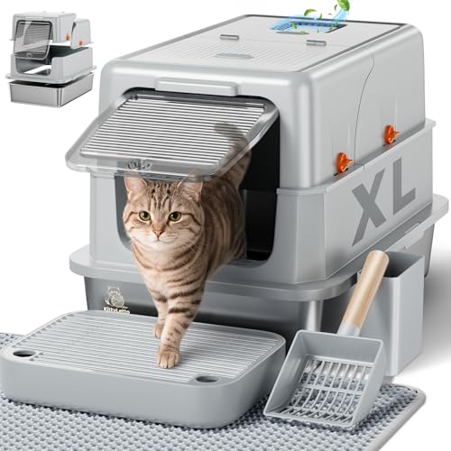 Image of Stainless Steel Litter Box with Lid - XL Enclosed Litter Box for Cats with Collecting Mat - 4 Way Setup Fully Closed, Semi Low, High & Open Kitty Boxes, Leak Proof Metal LitterBox (Light Gray)