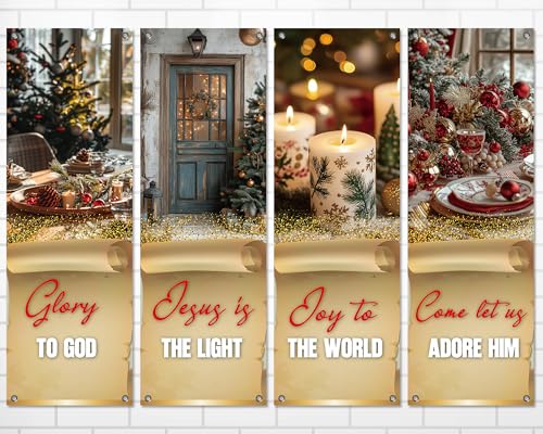 4Pcs Christmas Church Banners for Sanctuary Wall Inspirational Religious Praise Hanging Signs Backdrop Xmas Vintage Paper Pattern Church Scripture Bible Verse Banner for Holiday Sunday School Decor by party greeting - Used condition - US$11.49