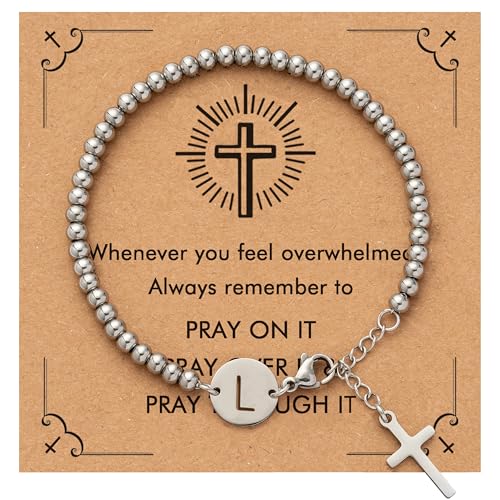 Initial Cross Silver Bracelets for Women Trendy, Initials Cross Charm Beaded Bracelet, Christian Gifts for Women, Baptism Confirmation Christmas Inspirational Gifts for Mom Daughter Friend Sister