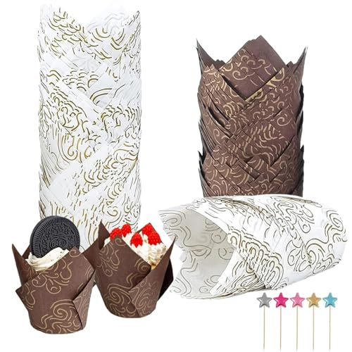 Moldes para magdalenas, 100 moldes para cupcakes de tulipán con 50 adornos para cupcakes, moldes para hornear magdalenas a prueba de grasa, moldes para cupcakes para bodas, decoración de fiestas de