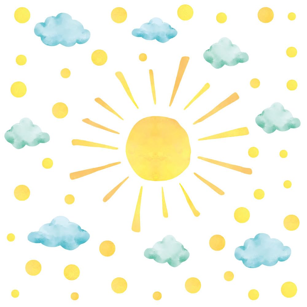 Watercolour Sun Cloud Wall Sticker, Peel and Stick, Removable, Pastel Yellow and Blue, for Kids Bedroom, Playroom, Living Room