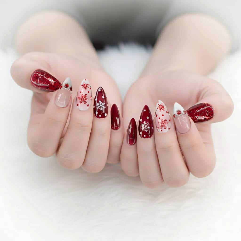 Christmas Press On Nails, Medium Almond Shape, White & Red, 10-Piece Handmade Set (Medium)