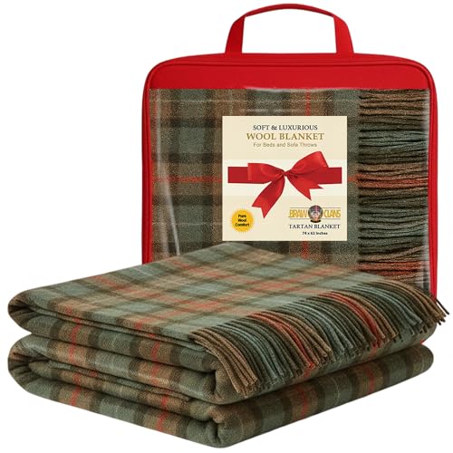 Couvertures confortables en 100% pure laine, motif tartan, pour lits et canapés - grande taille 74 x 62 pouces - Tapis à carreaux écossais - Bords frangés, doux - (Tartan de chasse Fraser)