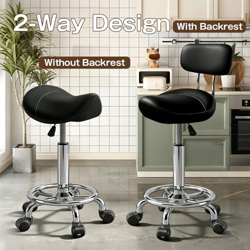 Image of Saddle Stool with Back and Ring Pedal, Adjustable Hydraulic Rolling Chair with Wheels for Salon, Spa, Medical, Massage & Drafting Use Black