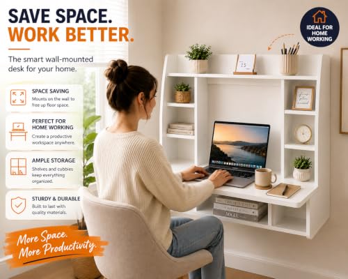 Image of Versatile Wall Mount Floating Computer Desk - Stylish and Space-Saving Writing Study Table with Shelves - Ideal for Living Room, Bedroom, and Home Office, White