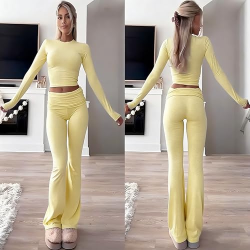 Image of YETOWA Y2K 2 Piece Outfits Tummy Control Long Sleeve Crop Top High Waisted Flare Pants Soft Knit Lounge Set