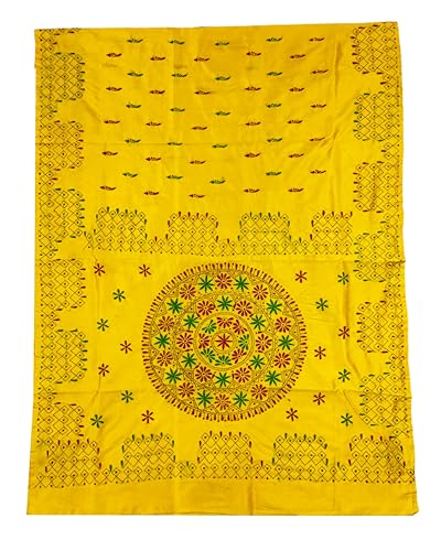 Image of SHRISTI CLOTHINGS Women's Hand Embroidered Cotton Silk Kantha Stitch Saree with Blouse Piece (SB4200924 YELLOWD93)