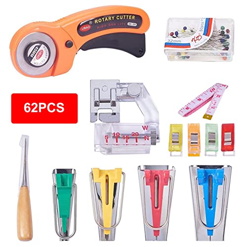 Qican Conjunto de ferramentas para fazer fita de viés de tecido de costura 62 peças com cortador de