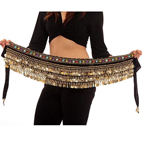 Image of VRITRAZ Women's Chiffon Belly Dance Hip Scarf Waistband Belt Skirt Mixed Colors Beads and Golded Coins 56 Black