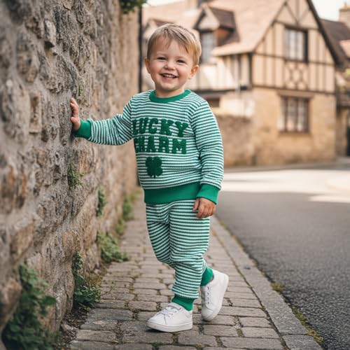 Image of Toddler Baby Boy St Patricks Day Outfit Infant Lucky Clover Sweatshirt Pants Set Little Kids Spring Warm Clothes