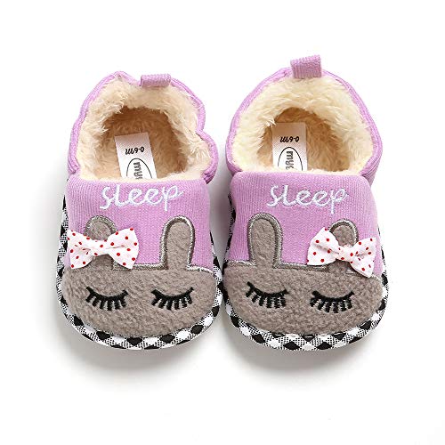 HsdsBebe Unisex Baby Fleece Slippers Infant Boys Girls Cartoon Soft Sole Anti-Slip Moccasins - Toddler Stay on House Crib Shoes (0-6 Months Infant, D/Rabbit Purple)