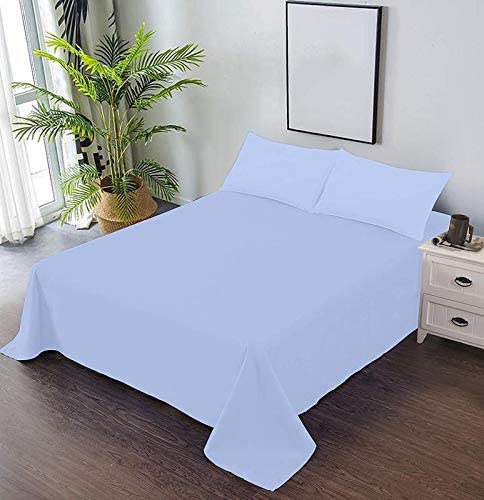 Image of Flat Bed Sheet with 2 Pillow Covers 600 Thread Count 100% Egyptian Cotton Bedsheet Double Size Light Blue Comfortable & Durable Sheet