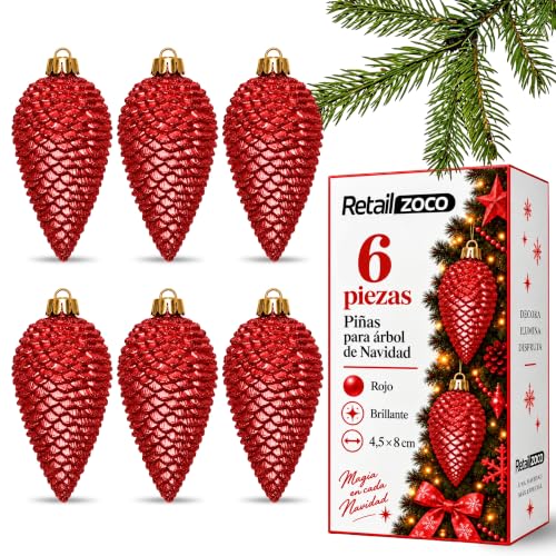 Piñas de Navidad, Adornos Arbol Navidad, 6 Piezas, Rojo