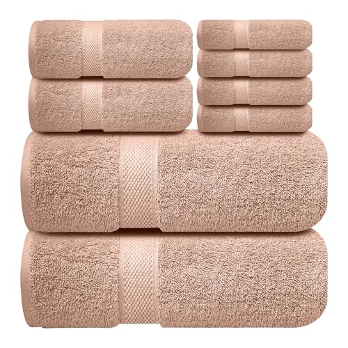 Image of Sulfar 100% Combed Cotton, 8 Pcs Towel Set - 2 Bath Towels (70 x 140 cm), 2 Hand Towels (40 x 70 cm) and 4 Face Towel (30 x 30 cm) (600 GSM, Pack of 8) Nature Lux