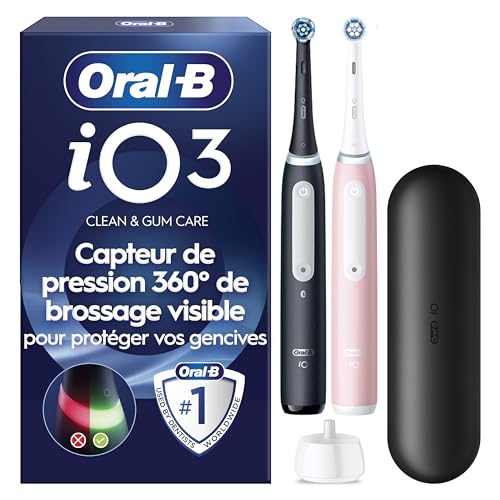 Oral-B Brosses A Dents Electriques iO 3 Duo Noire Et Rose, 3 Modes De Nettoyage Dont Blancheur, Brossage Silencieux, Capteur De Pression, 4 Brossettes De...