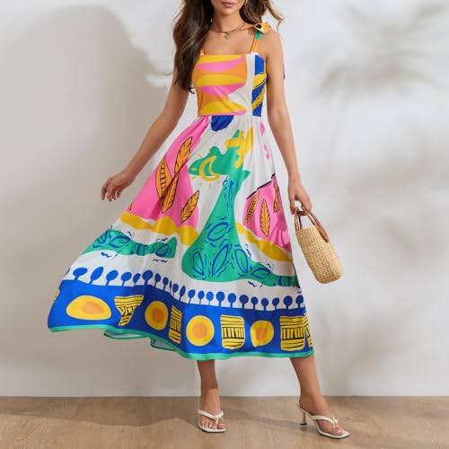 Image of Women Y2k Boho Maxi Dress Tie Shoulder Backless Strappy Tiered Flowy Dress 2024 Summer Floral Beach Sundress