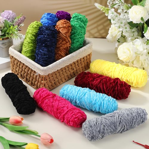 Image of Timgle 12 Pack Chenille Yarn for Crocheting, Soft Velvet Yarn 1312 Yards, 3 mm Thick Fluffy Plush for Hand Knitting Weaving Sweater Shawl Scarf Gloves DIY Craft, 109 Yards Each(Chic Color)