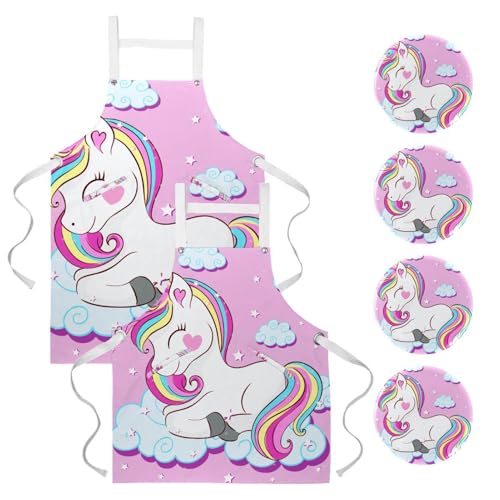 Lot de 2 tabliers licorne multicolores avec 4 broches pour cuisine