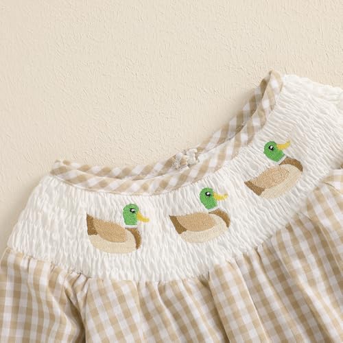SAYOO Baby Girls Duck Romper Mallard Duck Embroidery Smocked Bubble Romper Bodysuit Newborn Infant Toddler Hunting Outfit4