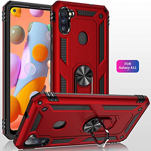 Leychan for Samsung Galaxy A11 case, Military Grade Rugged Hybrid Armor Anti-Scratch Heavy Duty Shockproof 360°Rotating Ring Kickstand Case Cover Fit for Magnetic Car Mount (Red)