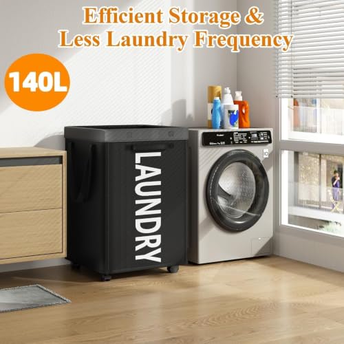 Image of Optish 140L Laundry Hamper with Wheels, Rolling Laundry Basket with Removable Mesh Bag, Extra Large Clothes Hamper for Bedroom, Bathroom, Dorm Room Essentials, Black