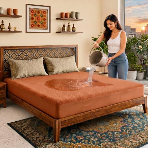 Image of Lithara Terry Cotton Fitted Mattress Protector for Queen /Double Bed | Waterproof & Elastic Band | Ultra Soft & Hypoallergenic Mattress Cover | Size : 75 x 60 Inches (6.25 x 5 Feet) | (Golden)