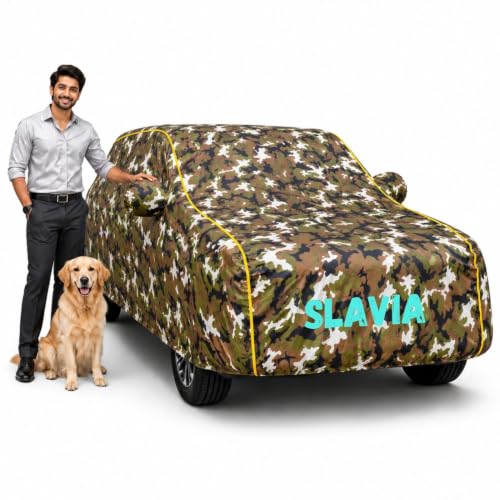 Image of Waterproof Car Cover for Slavia | Soft Cotton Lining Heavy Duty Triple Stitched Heat Resistant Outdoor Cover Comes with Mirror and Antenna Pocket Full Bottom Elastic (Zig Zag Jungle)