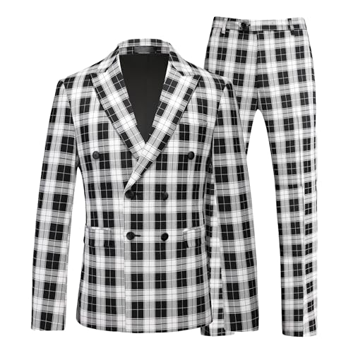 MOGU Men's Plaid Tuxedo Suit - Double Breasted 2-Piece Checkered Set wtih Suit Jacket and Pants for Prom and Wedding US Size Blazer 30/Pants 29 Black White