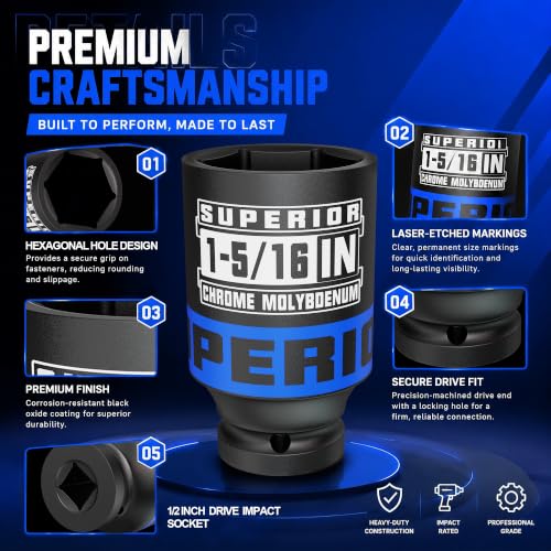 Image of 1 /2 inch Drive Impact Socket, 1-5 /16 Inch Deep Socket, SAE, CR-MO Axle Nut Socket, 6 Point, for Automotive Repair, Axle Shaft Nuts Removal & Installation