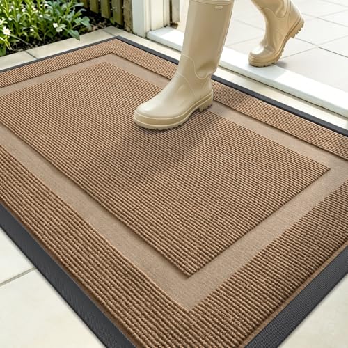 Image of OLANLY Front Door Mat Indoor Outdoor Entrance, Waterproof All-Season, All-Weather Doormat, Sturdy Natural Rubber, Fade Resistant, Low Profile, Easy Clean Patio Porch Entryway Mat, 35x23, Light Borwn