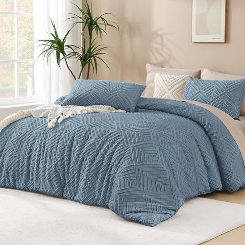 Image of Andency Blue Comforter Set Full Size, 3 Pieces Boho Lightweight Fluffy Bedding Comforter Set for Full Bed, Tufted Farmhouse Design Bed Set for All Season (1 Comforter 79x90In, 2 Pillowcases)