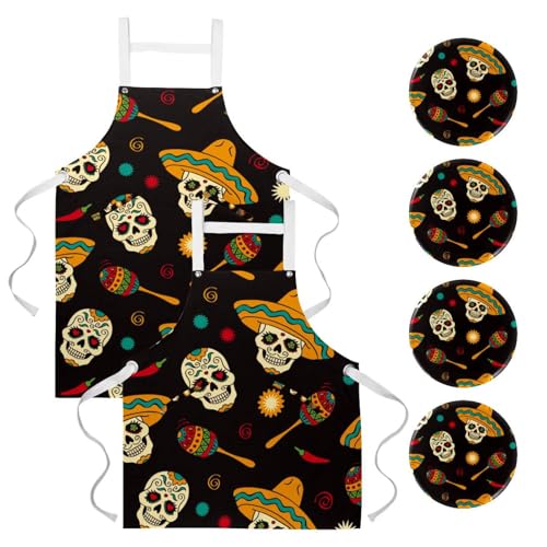 Tablier de serveuse calavera multicolore idéal pour le service en bistrot et la pâtisserie